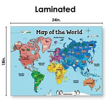MWB World Map Wall Art Poster for Kids - Educational Map Posters for Kids includes Countries, States, Capitals & Pictures | Perfect for Classroom Decor or Home | 18" x 24" Laminated Durable Poster