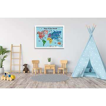 MWB World Map Wall Art Poster for Kids - Educational Map Posters for Kids includes Countries, States, Capitals & Pictures | Perfect for Classroom Decor or Home | 18" x 24" Laminated Durable Poster