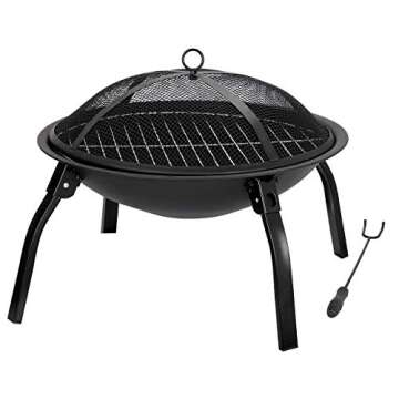 F2C 22 inch Folding Fire Pit Wood Burning Fireplace BBQ Grill Steel Round Bowl w/Mesh Spark Screen C...