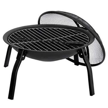 F2C 22 inch Folding Fire Pit Wood Burning Fireplace BBQ Grill Steel Round Bowl w/Mesh Spark Screen Cover Lid, Log Grate, Poker for Patio Backyard Garden Camping Traveling Picnic Bonfire