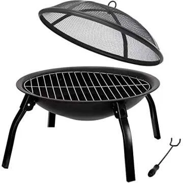 F2C 22 inch Folding Fire Pit Wood Burning Fireplace BBQ Grill Steel Round Bowl w/Mesh Spark Screen Cover Lid, Log Grate, Poker for Patio Backyard Garden Camping Traveling Picnic Bonfire