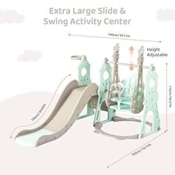 4-in-1 Toddler Slide and Swing Set with Extra Large Playground, Basketball Hoop & Climber, Indoor/Outdoor Playset, Castle Collection – Mint Green