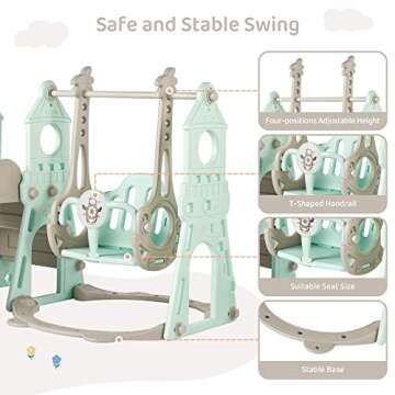 4-in-1 Toddler Slide and Swing Set with Extra Large Playground, Basketball Hoop & Climber, Indoor/Outdoor Playset, Castle Collection – Mint Green