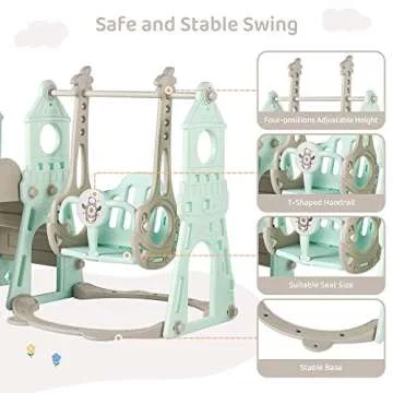 4-in-1 Toddler Slide and Swing Set with Extra Large Playground, Basketball Hoop & Climber, Indoor/Outdoor Playset, Castle Collection – Mint Green