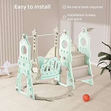 4-in-1 Toddler Slide and Swing Set with Extra Large Playground, Basketball Hoop & Climber, Indoor/Outdoor Playset, Castle Collection – Mint Green