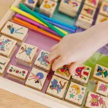 Melissa & Doug Deluxe Wooden Stamp and Coloring Set – Fairy Tale (30 Stamps, 6 Markers, 2 Durable 2-Color Pads) - Fairy Tale-Themed Stamps For Kids Activity Set