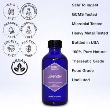Lavender Essential Oil, Food Grade, for Drinks, Skin, Hair – 100% Pure, Lavender Oil, by Zongle Therapeutics, 4 OZ