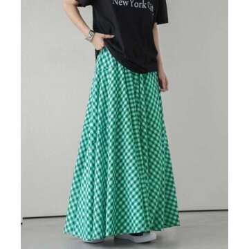 chouyatou Women's Retro Plaid A Line Midi Skirt Gingham High Elastic Waisted Pleated Swing Long Skir...