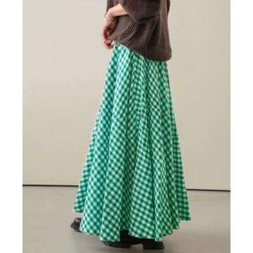 chouyatou Women's Retro Plaid A Line Midi Skirt Gingham High Elastic Waisted Pleated Swing Long Skirt (Medium, Green)