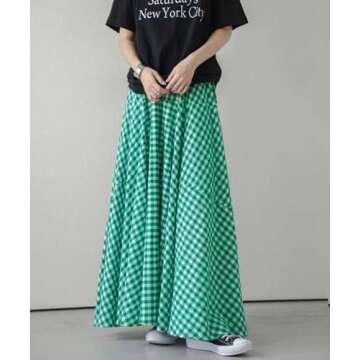 chouyatou Women's Retro Plaid A Line Midi Skirt Gingham High Elastic Waisted Pleated Swing Long Skirt (Medium, Green)