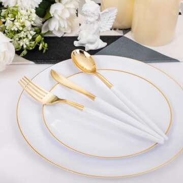 DaYammi 30 Guests Gold Plastic Plates with Disposable Silverware,Gold Cutlery with White Handle,Whit...