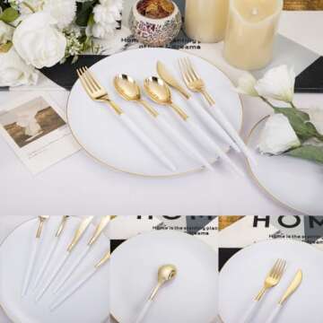 DaYammi 30 Guests Gold Plastic Plates with Disposable Silverware,Gold Cutlery with White Handle,White Gold Disposable Dinnerware:60 Plastic Plates Gold Rim,90 Plastic Silverware Set for Wedding Party