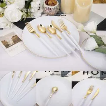 DaYammi 30 Guests Gold Plastic Plates with Disposable Silverware,Gold Cutlery with White Handle,White Gold Disposable Dinnerware:60 Plastic Plates Gold Rim,90 Plastic Silverware Set for Wedding Party