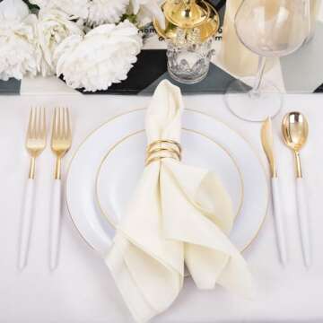 DaYammi 30 Guests Gold Plastic Plates with Disposable Silverware,Gold Cutlery with White Handle,White Gold Disposable Dinnerware:60 Plastic Plates Gold Rim,90 Plastic Silverware Set for Wedding Party