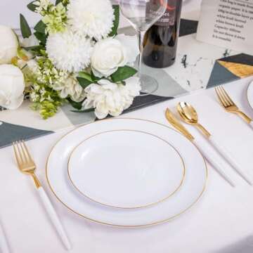 DaYammi 30 Guests Gold Plastic Plates with Disposable Silverware,Gold Cutlery with White Handle,White Gold Disposable Dinnerware:60 Plastic Plates Gold Rim,90 Plastic Silverware Set for Wedding Party