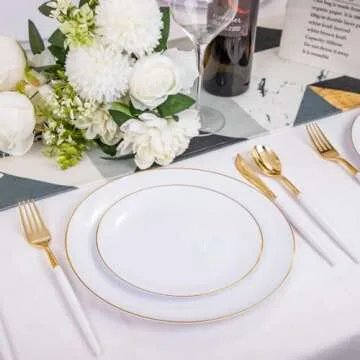 DaYammi 30 Guests Gold Plastic Plates with Disposable Silverware,Gold Cutlery with White Handle,White Gold Disposable Dinnerware:60 Plastic Plates Gold Rim,90 Plastic Silverware Set for Wedding Party