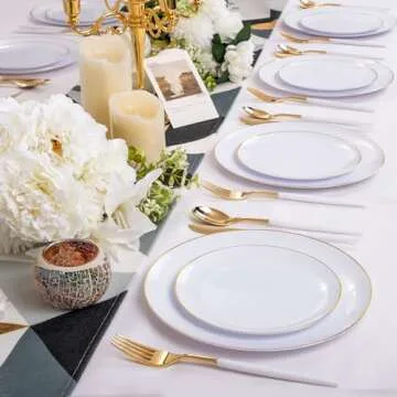 DaYammi 30 Guests Gold Plastic Plates with Disposable Silverware,Gold Cutlery with White Handle,White Gold Disposable Dinnerware:60 Plastic Plates Gold Rim,90 Plastic Silverware Set for Wedding Party