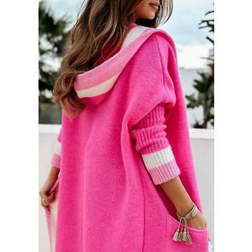 chouyatou Women's Color Block Vertical Striped Open Front Oversized Hooded Long Cardigan Sweaters wi...