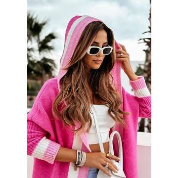 chouyatou Women's Color Block Vertical Striped Open Front Oversized Hooded Long Cardigan Sweaters with Pockets (Medium, Rose Red)