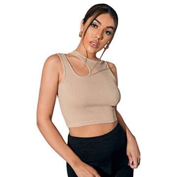 Verdusa Women's Cut Out Sleeveless Round Neck Slim Fitted Ribbed Tank Crop Top Khaki M