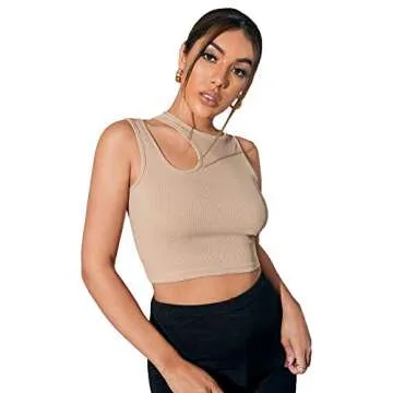 Verdusa Women's Cut Out Sleeveless Round Neck Slim Fitted Ribbed Tank Crop Top Khaki M