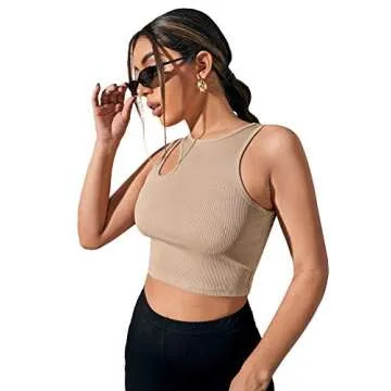 Verdusa Women's Cut Out Sleeveless Round Neck Slim Fitted Ribbed Tank Crop Top Khaki M