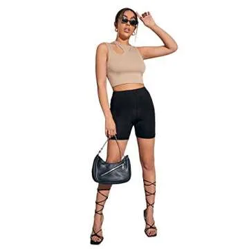 Verdusa Women's Cut Out Sleeveless Round Neck Slim Fitted Ribbed Tank Crop Top Khaki M