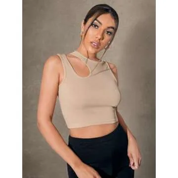 Verdusa Women's Cut Out Sleeveless Round Neck Slim Fitted Ribbed Tank Crop Top Khaki M