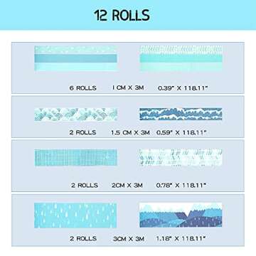 molshine Set of 12 Rolls Washi Masking Tape,Adhesive Crafts Tape for Journaling,DIY,Planners,Decorative,Gift Wrapping,Scrapbooking,School Supplies- (Blue Track Series)