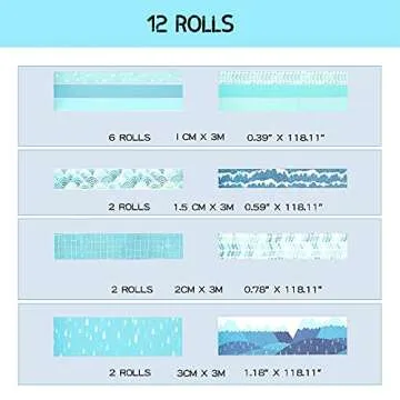 molshine Set of 12 Rolls Washi Masking Tape,Adhesive Crafts Tape for Journaling,DIY,Planners,Decorative,Gift Wrapping,Scrapbooking,School Supplies- (Blue Track Series)