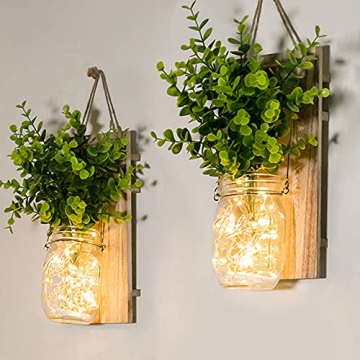 Rustic Wall Sconces, Mason Jar Sconces, Farmhouse Home Decor, LED Fairy Lights, Green Fake Plant, In...