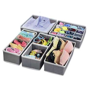 Closet Drawer Dividers Organizers, Clothes Foldable Storage Bins Cubes for Makeup, Bras, Socks, Ties, Belt, Set of 6, Grey