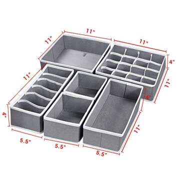 Closet Drawer Dividers Organizers, Clothes Foldable Storage Bins Cubes for Makeup, Bras, Socks, Ties, Belt, Set of 6, Grey