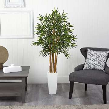 Nearly Natural 5812 5’ Bamboo Artificial Tree in White Tower Planter, Green