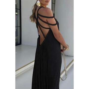Women's Sexy Spaghetti Strap Backless Maxi Dress Summer Bodycon Cocktail Party Formal Halter Long Dress Vacation Dress(Black,One Size)