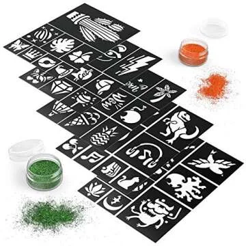 ARTEZA Glitter Tattoo Kit - Body Glitter Tattoo Set Includes 15 Vibrant Colors, 2 Brushes, 2 Glue Applicators and 40 Unique Glitter Tattoo Stencils - Glitter Temporary Tattoos For Kids And Adults