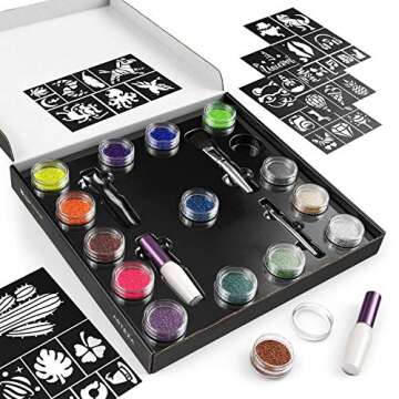 ARTEZA Glitter Tattoo Kit - Body Glitter Tattoo Set Includes 15 Vibrant Colors, 2 Brushes, 2 Glue Applicators and 40 Unique Glitter Tattoo Stencils - Glitter Temporary Tattoos For Kids And Adults