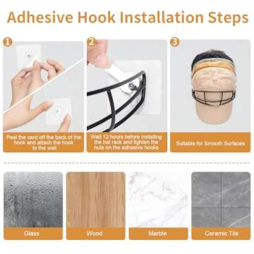 TEAMOLA Hat Racks for Baseball Cap 2-Pack Metal Hat Organizer Black Hat Holder for Wall, Hat Hangers Hat Storage Organizer Wall Mounted/Drill Free Adhesive Cap Rack for Closet Door,Hold up to 30 Hats