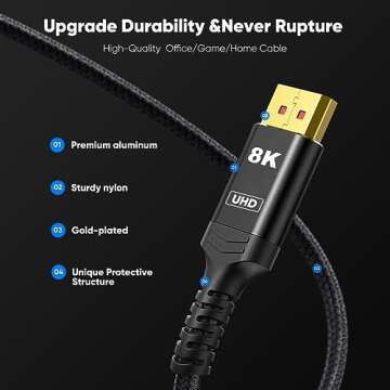 Capshi 8K 4K DisplayPort Cable 1.4, 10FT DP Cable [VESA Certified, 8K@60Hz, 4K@144Hz, 2K@240Hz/165Hz/144Hz], Bradied 32.4Gbps High Speed Display Port Cable for Gaming Monitor, HDR/HDCP/FreeSync/G-Sync