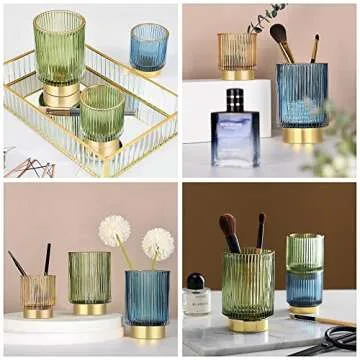 DASITON Makeup Brush holder Organizer,Crystal Cosmetic Makeup Brush Glass Brushes Storage Holder, Vintage Make Up Brush Cup Pen Pencil Holder striped vase(Coffee S＋L)