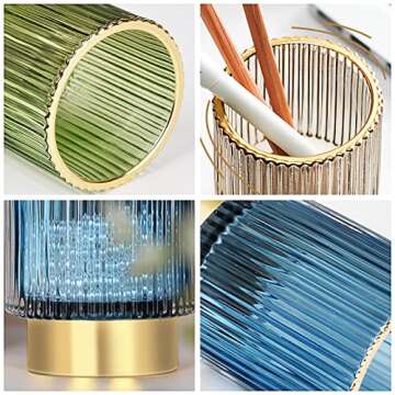 DASITON Makeup Brush holder Organizer,Crystal Cosmetic Makeup Brush Glass Brushes Storage Holder, Vintage Make Up Brush Cup Pen Pencil Holder striped vase(Coffee S＋L)