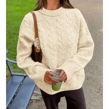 Okiwam Women's Oversized Sweaters Long Sleeve Crewneck Chunky Knitted Pullover 2025 Fall Solid Color Jumper Tops-XXL Beige White