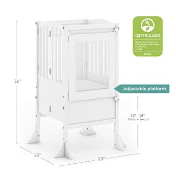 Guidecraft Kitchen Helper® Toddler Tower Step Stool - Contemporary - White: Folding Adjustable Height Montessori Wooden Learning Furniture with Keepers