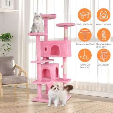 BestPet 54in Cat Tree Tower for Indoor Cats,Multi-Level Cat Furniture Activity Center with Cat Scratching Posts Stand House Cat Condo with Funny Toys for Kittens Pet Play House (54in, Pink)