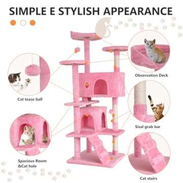 BestPet 54in Cat Tree Tower for Indoor Cats,Multi-Level Cat Furniture Activity Center with Cat Scratching Posts Stand House Cat Condo with Funny Toys for Kittens Pet Play House (54in, Pink)