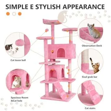 BestPet 54in Cat Tree Tower for Indoor Cats,Multi-Level Cat Furniture Activity Center with Cat Scratching Posts Stand House Cat Condo with Funny Toys for Kittens Pet Play House (54in, Pink)