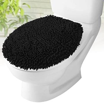 Toilet Lid Cover - Black, Plush Microfiber Oval Toilet Seat Covers for Bathroom, Machine Washable El...