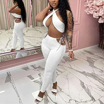 Azhong Women's Sexy Halter Neck Crop Top & Bodycon Pants