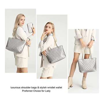XB Quilted Tote Bag, Leather Tote Shoulder Bag for Women Platinum Handbags and Wrist Strap Long Purse 2pcs Set