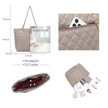 XB Quilted Tote Bag, Leather Tote Shoulder Bag for Women Platinum Handbags and Wrist Strap Long Purse 2pcs Set